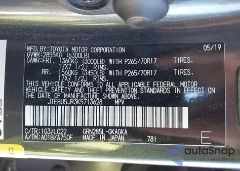 2019 Toyota 4Runner Trd Off Road Premium from USA, damaged, VIN JTEBU5JR3K5713628